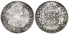 Ferdinand VII (1808-1833). 2 reales. 1813. Popayán. JF. (Cal-899). (Restrepo-114.5). Ag. 6,62 g. Bust of Charles IV. Rare. Almost VF/VF. Est...200,00....