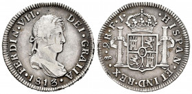Ferdinand VII (1808-1833). 2 reales. 1813. Santiago. FJ. (Cal-943). Ag. 6,53 g. Scratch on obverse. Scarce. Almost VF. Est...140,00. 


 SPANISH DE...