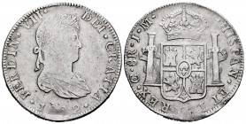 Ferdinand VII (1808-1833). 8 reales. 1822. Guanajuato. JM. (Cal-1218). Ag. 26,95 g. Weak strike on the date. Scarce. Choice F/Almost VF. Est...120,00....
