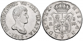 Ferdinand VII (1808-1833). 8 reales. 1813. Madrid. IJ/IG. (Cal-1264). Ag. 26,98 g. "Cara de loco" type. Rectified assayer mark. Slightly cleaned. Rare...