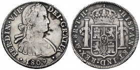 Ferdinand VII (1808-1833). 8 reales. 1809. México. TH. (Cal-1308). Ag. 26,53 g. Imaginary bust. Almost VF. Est...90,00. 


 SPANISH DESCRIPTION: Fe...