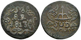 Ferdinand VII (1808-1833). 8 reales. 1813. Morelos. (Cal-1343). Ae. 20,56 g. With ornaments. VF. Est...60,00. 


 SPANISH DESCRIPTION: Fernando VII...