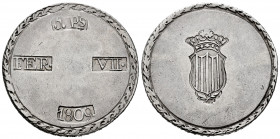 Ferdinand VII (1808-1833). 5 pesetas. 1809. Tarragona. (Cal-1429). Ag. 26,45 g. Narrow shield. Full round frame. Choice VF. Est...300,00. 


 SPANI...