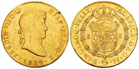 Ferdinand VII (1808-1833). 8 escudos. 1814. México. JJ. (Cal-1788). (Cal onza-1261). Au. 26,74 g. Cleaned. Choice VF/Almost XF. Est...1400,00. 


 ...
