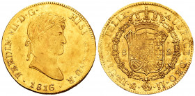Ferdinand VII (1808-1833). 8 escudos. 1816. México. JJ. (Cal-1794). (Cal onza-1266). Au. 27,07 g. Attractive. With some original luster remaining. XF....