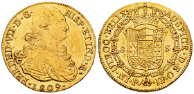 Ferdinand VII (1808-1833). 8 escudos. 1809. Popayán. JF. (Cal-1807). (Cal onza-1276). (Restrepo-128-3). Au. 26,98 g. Bust of Charles IV. Minor hairlin...