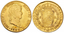 Ferdinand VII (1808-1833). 8 escudos. 1822. Potosí. PJ. (Cal-1826). (Cal onza-1306). Au. 26,99 g. Minor nicks on edge. Choice VF. Est...1300,00. 

...