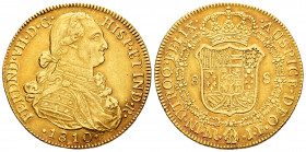 Ferdinand VII (1808-1833). 8 escudos. 1810. Santa Fe de Nuevo Reino. JF. (Cal-1837). Au. 27,02 g. Bust of Charles IV. Beautiful colour. Choice VF. Est...