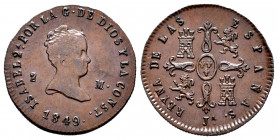 Elizabeth II (1833-1868). 2 maravedis. 1849. Jubia. (Cal-47). Ae. 2,41 g. Mintmark JA. XF. Est...80,00. 


 SPANISH DESCRIPTION: Isabel II (1833-18...