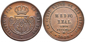 Elizabeth II (1833-1868). 1/2 real. 1848. Madrid. (Cal-152). Ae. 18,75 g. XF. Est...150,00. 


 SPANISH DESCRIPTION: Isabel II (1833-1868). 1/2 rea...