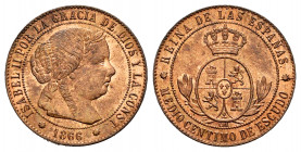 Elizabeth II (1833-1868). 1/2 centimo de escudo. 1866. Barcelona. OM. (Cal-199). Ae. 1,25 g. Hairline on obverse. XF. Est...25,00. 


 SPANISH DESC...