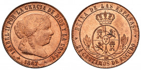 Elizabeth II (1833-1868). 2 1/2 centimos de escudo. 1867. Segovia. OM. (Cal-240). Ae. 6,63 g. Original luster. XF. Est...50,00. 


 SPANISH DESCRIP...