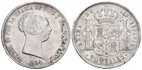 Elizabeth II (1833-1868). 20 reales. 1854. Madrid. (Cal-596). Ag. 25,85 g. Almost VF. Est...75,00. 


 SPANISH DESCRIPTION: Isabel II (1833-1868). ...