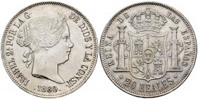 Elizabeth II (1833-1868). 20 reales. 1860/50. Sevilla. (Cal-637). Ag. 25,97 g. Overdate. Rare. XF. Est...500,00. 


 SPANISH DESCRIPTION: Isabel II...