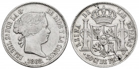 Elizabeth II (1833-1868). 50 centavos. 1868. Manila. (Cal-667). Ag. 12,95 g. Almost VF. Est...50,00. 


 SPANISH DESCRIPTION: Isabel II (1833-1868)...