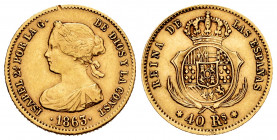 Elizabeth II (1833-1868). 40 reales. 1863. Madrid. (Cal-682). Au. 3,35 g. Metal test. Scratches. Choice VF. Est...160,00. 


 SPANISH DESCRIPTION: ...