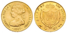 Elizabeth II (1833-1868). 4 escudos. 1867. Madrid. (Cal-691). Au. 3,24 g. It was in hoop. Almost VF. Est...150,00. 


 SPANISH DESCRIPTION: Isabel ...