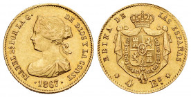 Elizabeth II (1833-1868). 4 escudos. 1867. Madrid. (Cal-691). Au. 3,36 g. Almost XF. Est...180,00. 


 SPANISH DESCRIPTION: Isabel II (1833-1868). ...