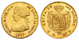 Elizabeth II (1833-1868). 4 escudos. 1867. Madrid. (Cal-691). Au. 3,35 g. Almost XF. Est...180,00. 


 SPANISH DESCRIPTION: Isabel II (1833-1868). ...