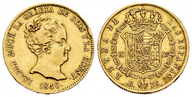 Elizabeth II (1833-1868). 80 reales. 1840. Barcelona. PS. (Cal-705). Au. 6,72 g. Minor nicks on edge. Choice VF. Est...300,00. 


 SPANISH DESCRIPT...