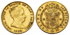 Elizabeth II (1833-1868). 80 reales. 1846. Barcelona. PS. (Cal-715). Au. 6,73 g. Choice VF. Est...320,00. 


 SPANISH DESCRIPTION: Isabel II (1833-...