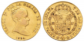 Elizabeth II (1833-1868). 80 reales. 1834. Madrid. CR. (Cal-719). Au. 6,73 g. VF/Choice VF. Est...300,00. 


 SPANISH DESCRIPTION: Isabel II (1833-...