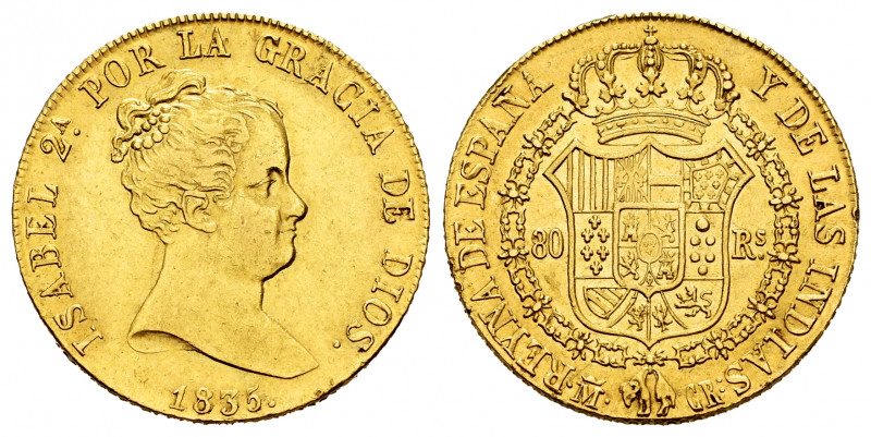Elizabeth II (1833-1868). 80 reales. 1835. Madrid. CR. (Cal-720). Au. 6,74 g. Or...