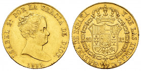Elizabeth II (1833-1868). 80 reales. 1835. Madrid. CR. (Cal-720). Au. 6,74 g. Original luster. XF/AU. Est...350,00. 


 SPANISH DESCRIPTION: Isabel...