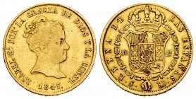 Elizabeth II (1833-1868). 80 reales. 1847. Sevilla. RD. (Cal-753). Au. 6,68 g. Almost VF/VF. Est...300,00. 


 SPANISH DESCRIPTION: Isabel II (1833...