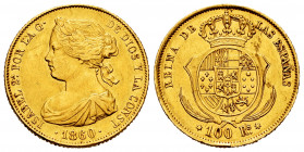 Elizabeth II (1833-1868). 100 reales. 1860. Madrid. (Cal-787). Au. 8,26 g. Knock on edge. Cleaned. Almost XF. Est...350,00. 


 SPANISH DESCRIPTION...
