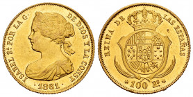 Elizabeth II (1833-1868). 100 reales. 1861. Madrid. (Cal-788). Au. 8,39 g. Slightly cleaned obverse. Minor nick on reverse. Original luster. AU. Est.....