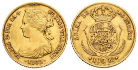 Elizabeth II (1833-1868). 100 reales. 1862. Madrid. (Cal-789). Au. 8,38 g. Minor nicks on edge. Choice VF. Est...350,00. 


 SPANISH DESCRIPTION: I...