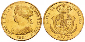 Elizabeth II (1833-1868). 100 reales. 1862. Madrid. (Cal-789). Au. 8,29 g. XF/AU. Est...350,00. 


 SPANISH DESCRIPTION: Isabel II (1833-1868). 100...