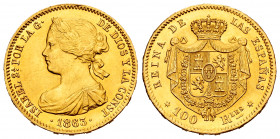 Elizabeth II (1833-1868). 100 reales. 1863. Madrid. (Cal-790). Au. 8,36 g. Original luster. Almost MS. Est...400,00. 


 SPANISH DESCRIPTION: Isabe...
