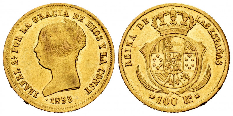 Elizabeth II (1833-1868). 100 reales. 1855. Sevilla. (Cal-796). Au. 8,37 g. XF. ...