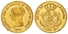 Elizabeth II (1833-1868). 100 reales. 1855. Sevilla. (Cal-796). Au. 8,37 g. XF. Est...350,00. 


 SPANISH DESCRIPTION: Isabel II (1833-1868). 100 r...