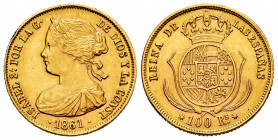 Elizabeth II (1833-1868). 100 reales. 1861. Sevilla. (Cal-804). Au. 8,41 g. Minor nick on edge. XF. Est...350,00. 


 SPANISH DESCRIPTION: Isabel I...
