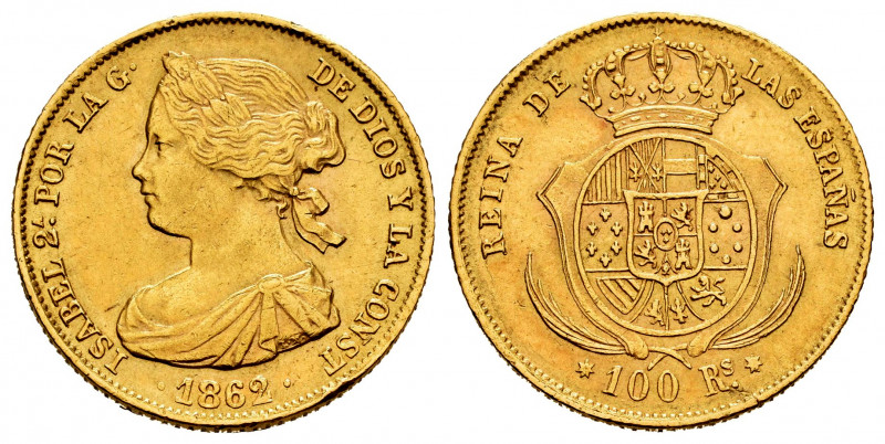 Elizabeth II (1833-1868). 100 reales. 1862. Sevilla. (Cal-805). Au. 8,40 g. Mino...