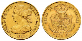 Elizabeth II (1833-1868). 100 reales. 1862. Sevilla. (Cal-805). Au. 8,40 g. Minor nicks on edge. XF. Est...350,00. 


 SPANISH DESCRIPTION: Isabel ...