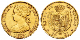 Elizabeth II (1833-1868). 10 escudos. 1868*18-68. Madrid. (Cal-815). Au. 8,39 g. Cleaned. Choice VF. Est...360,00. 


 SPANISH DESCRIPTION: Isabel ...