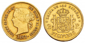 Elizabeth II (1833-1868). 2 pesos. 1861. Manila. (Cal-836). Au. 3,36 g. Almost VF/VF. Est...180,00. 


 SPANISH DESCRIPTION: Isabel II (1833-1868)....