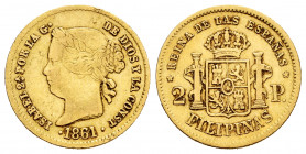 Elizabeth II (1833-1868). 2 pesos. 1861. Manila. (Cal-836). Au. 3,41 g. Almost VF. Est...160,00. 


 SPANISH DESCRIPTION: Isabel II (1833-1868). 2 ...