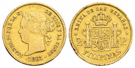 Elizabeth II (1833-1868). 2 pesos. 1861. Manila. (Cal-836). Au. 3,37 g. Minor nicks on edge. Almost VF. Est...160,00. 


 SPANISH DESCRIPTION: Isab...
