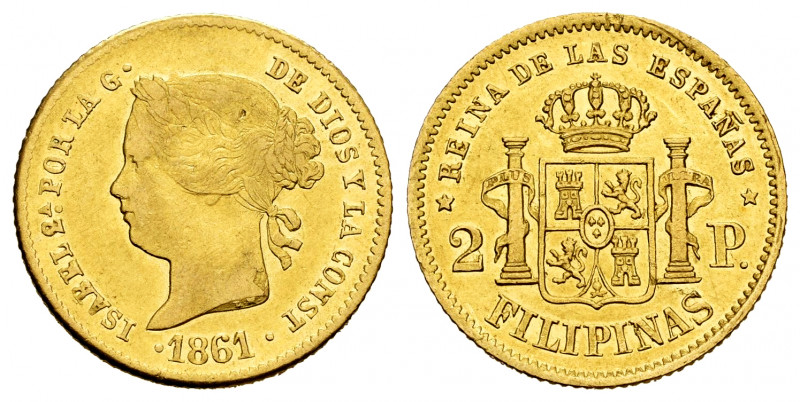 Elizabeth II (1833-1868). 2 pesos. 1861. Manila. (Cal-838). Au. 3,40 g. Cleaned....