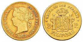 Elizabeth II (1833-1868). 2 pesos. 1862. Manila. (Cal-838). Au. 3,34 g. It was in hoop. Almost VF. Est...160,00. 


 SPANISH DESCRIPTION: Isabel II...