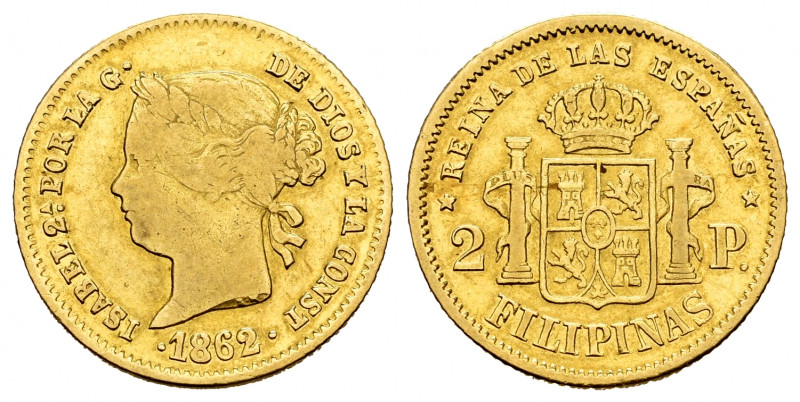 Elizabeth II (1833-1868). 2 pesos. 1862. Manila. (Cal-838). Au. 3,38 g. Almost V...