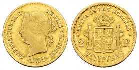 Elizabeth II (1833-1868). 2 pesos. 1862. Manila. (Cal-838). Au. 3,38 g. Almost VF. Est...160,00. 


 SPANISH DESCRIPTION: Isabel II (1833-1868). 2 ...