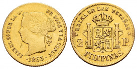 Elizabeth II (1833-1868). 2 pesos. 1863. Manila. (Cal-841). Au. 3,30 g. It was in hoop. Almost VF/VF. Est...160,00. 


 SPANISH DESCRIPTION: Isabel...