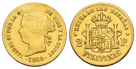 Elizabeth II (1833-1868). 2 pesos. 1864. Manila. (Cal-844). Au. 3,35 g. It was in hoop. VF. Est...160,00. 


 SPANISH DESCRIPTION: Isabel II (1833-...