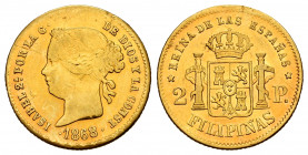 Elizabeth II (1833-1868). 2 pesos. 1868. Manila. (Cal-850). Au. 3,31 g. It was in hoop. Almost VF/VF. Est...160,00. 


 SPANISH DESCRIPTION: Isabel...